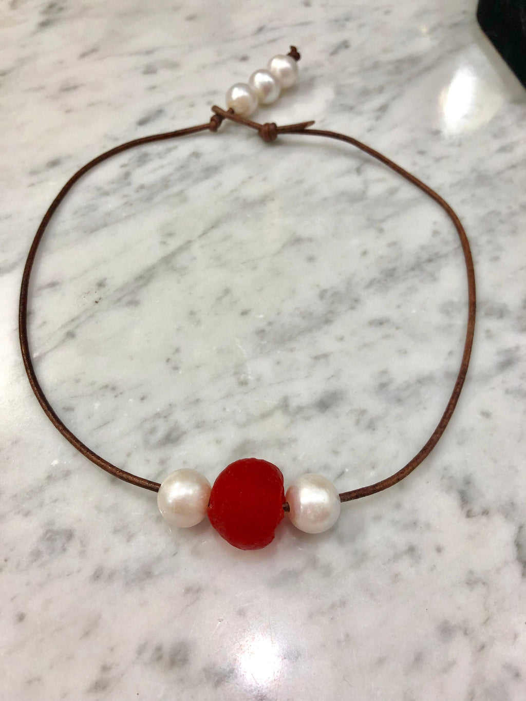 Red Seaglass and Pearl Necklace