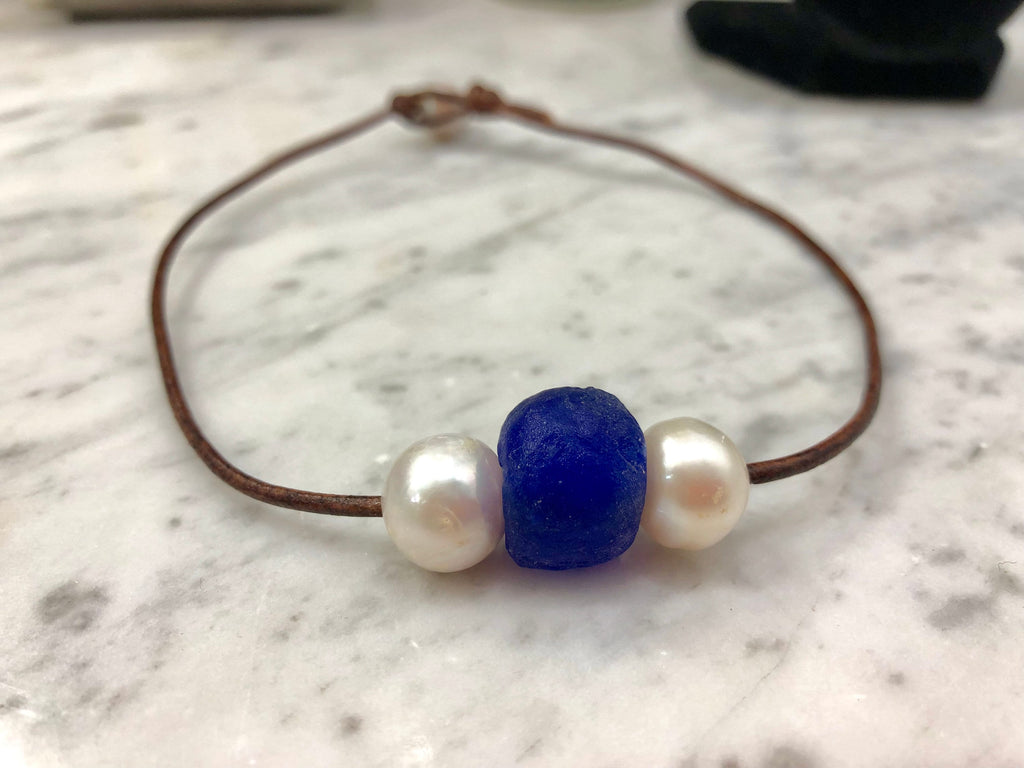 Cobalt Blue Seaglass and Pearl Necklace