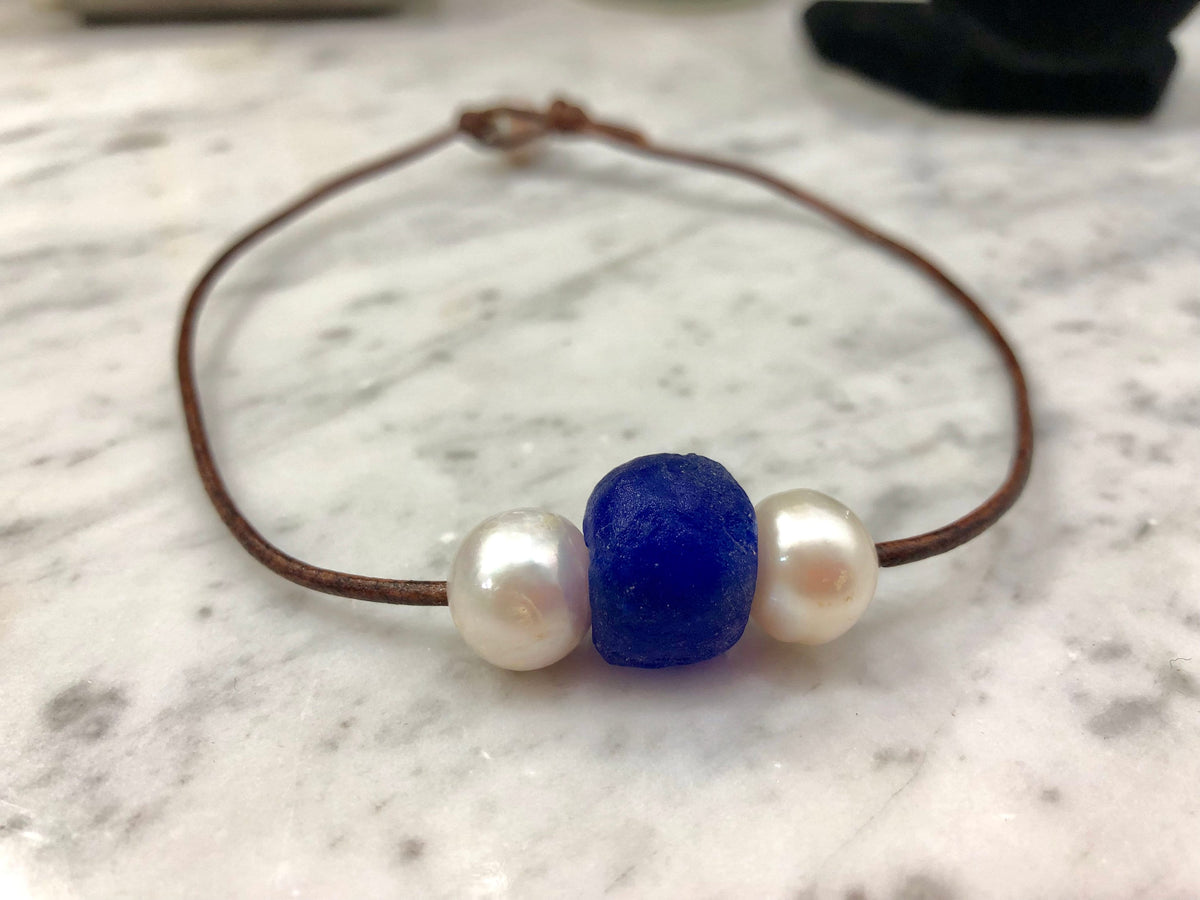 Cobalt Blue Seaglass and Pearl Necklace