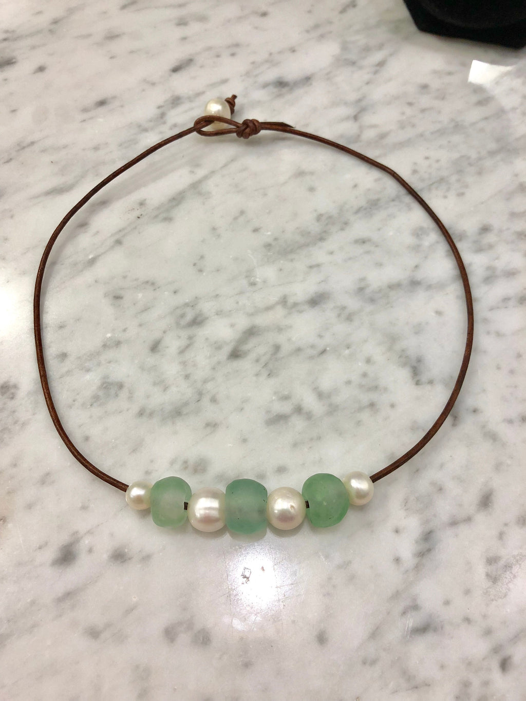 Sea Glass and Pearl Necklace: Leather Cord, Choice of Color
