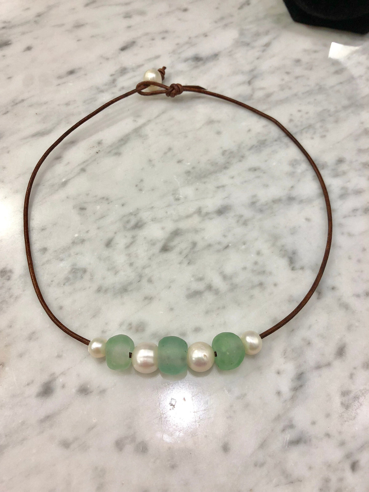 Sea Glass and Pearl Necklace: Leather Cord, Choice of Color