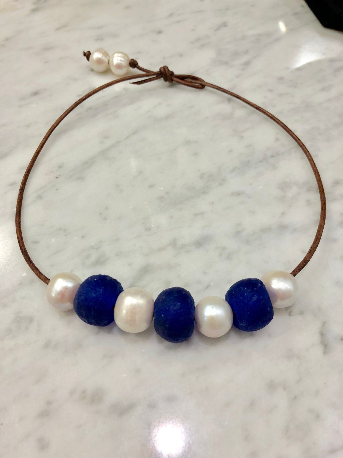 Sea Glass and Pearl Necklace: Leather Cord, Choice of Color