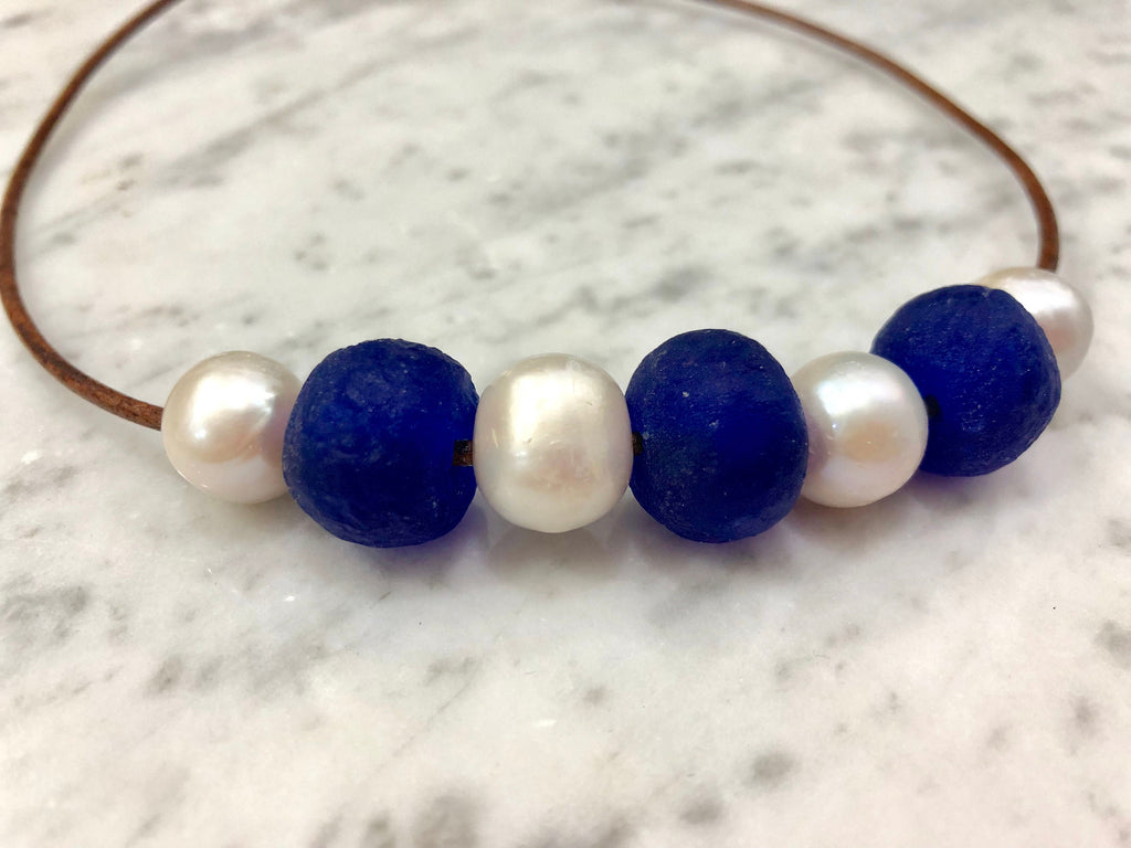 Sea Glass and Pearl Necklace: Leather Cord, Choice of Color