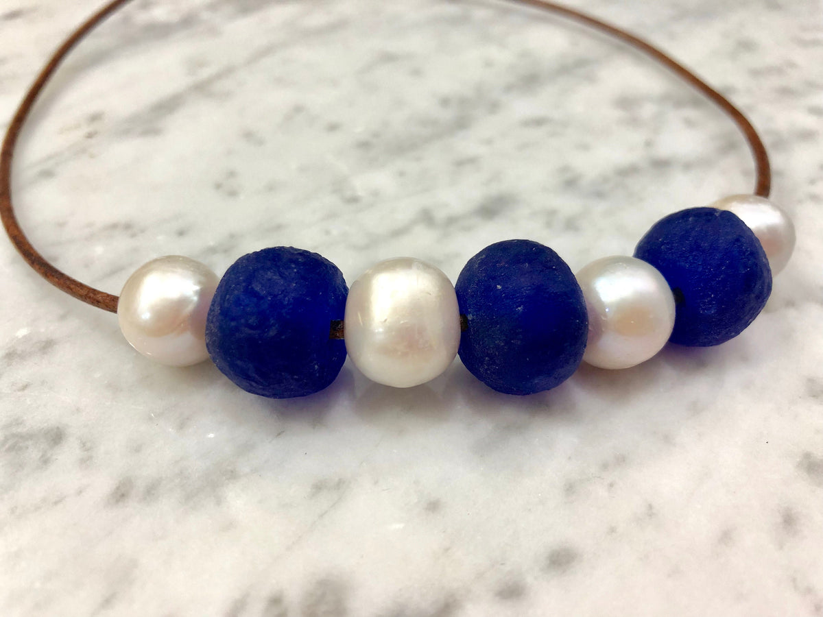 Sea Glass and Pearl Necklace: Leather Cord, Choice of Color
