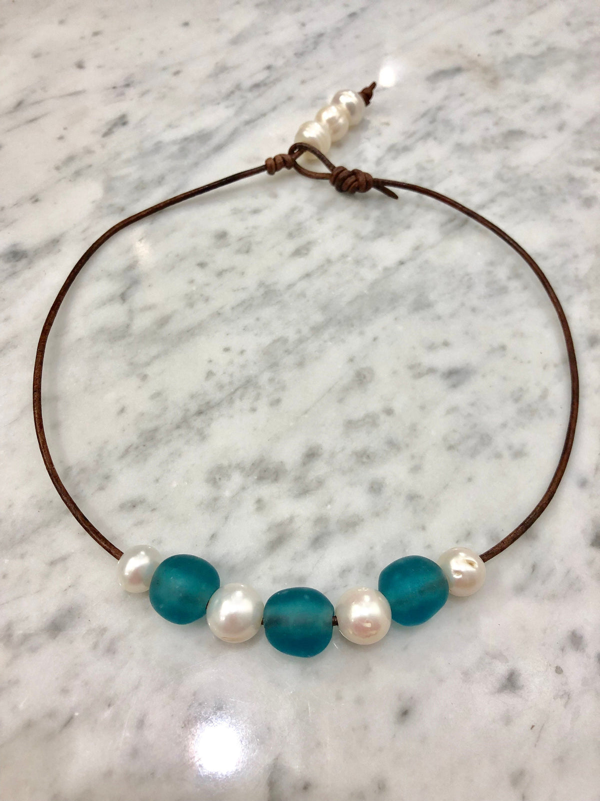 Sea Glass and Pearl Necklace: Leather Cord, Choice of Color