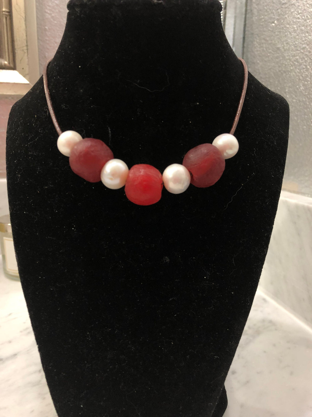 Sea Glass and Pearl Necklace: Leather Cord, Choice of Color