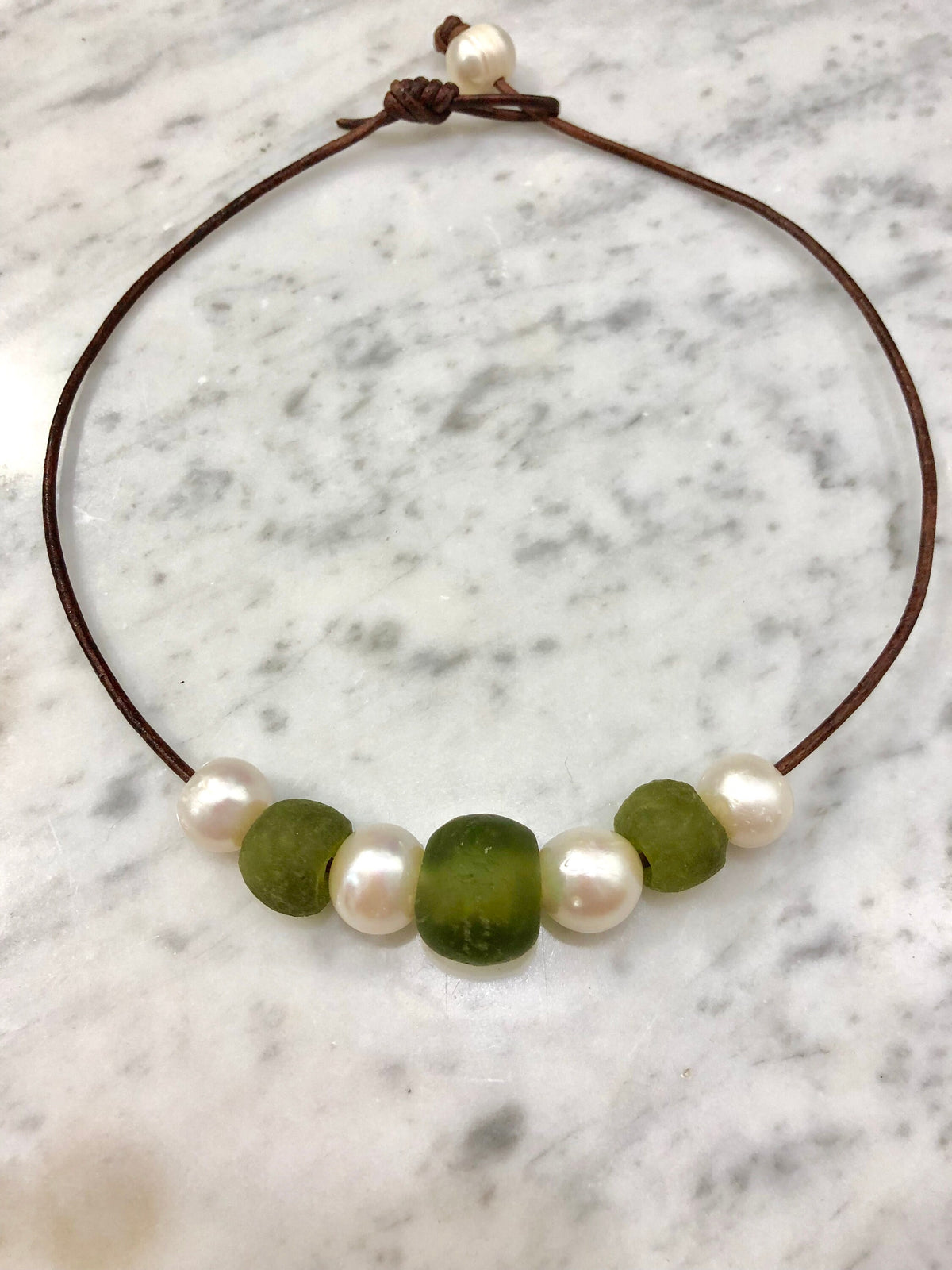 Sea Glass and Pearl Necklace: Leather Cord, Choice of Color