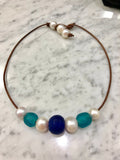 SALE-Aqua and Cobalt Blue Seaglass and Pearl Necklace