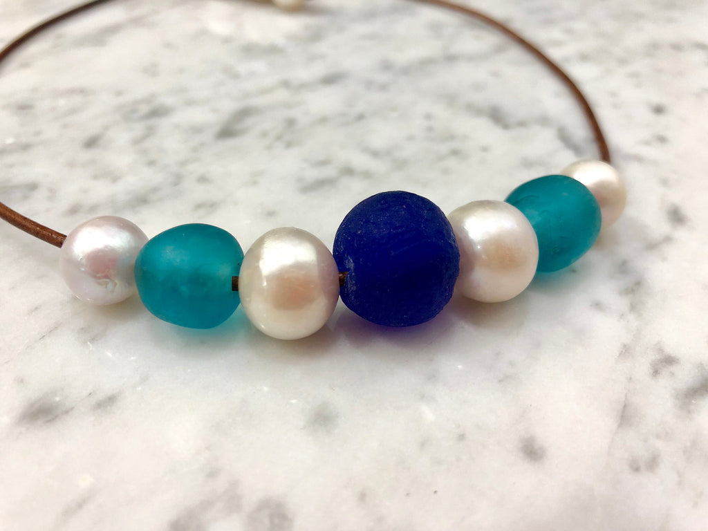 SALE-Aqua and Cobalt Blue Seaglass and Pearl Necklace