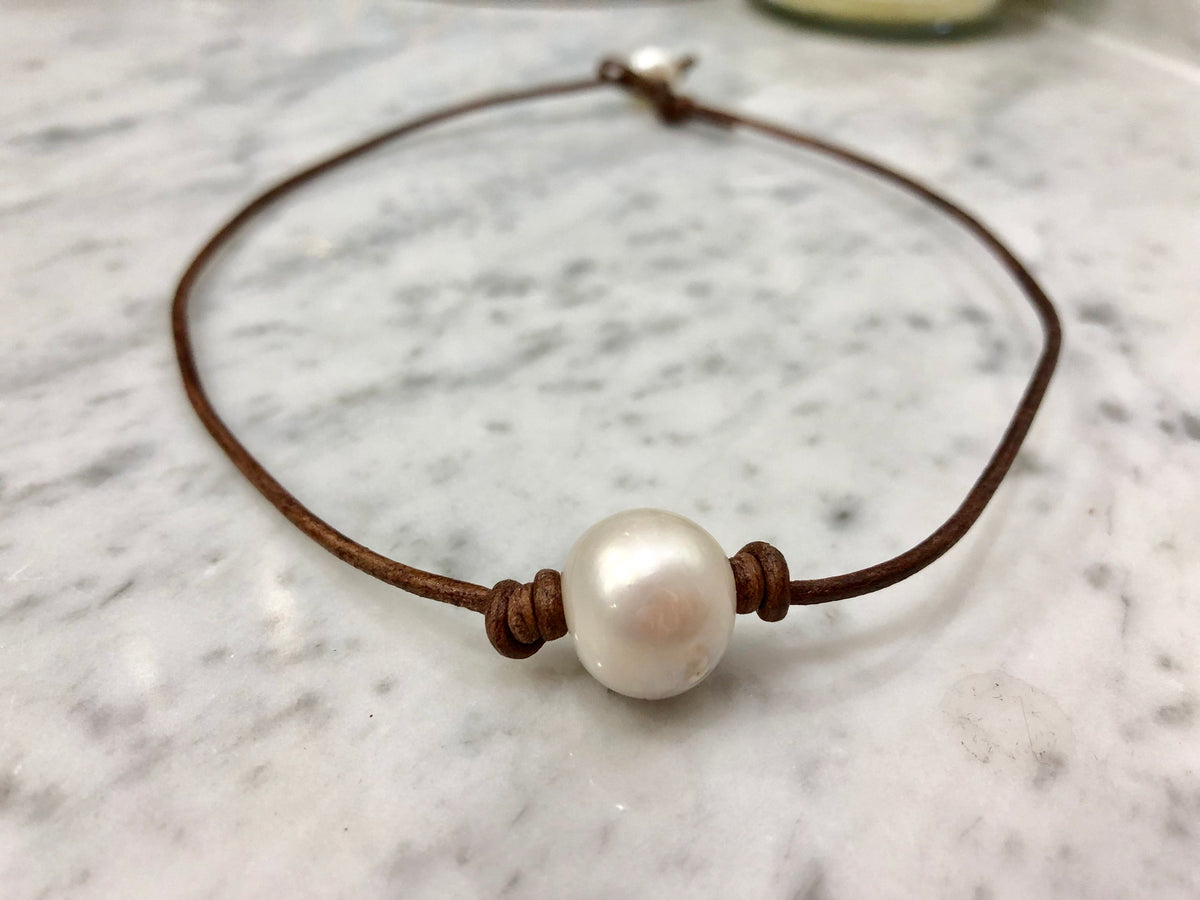 White Freshwater Pearl Strung on 2MM Brown Leather