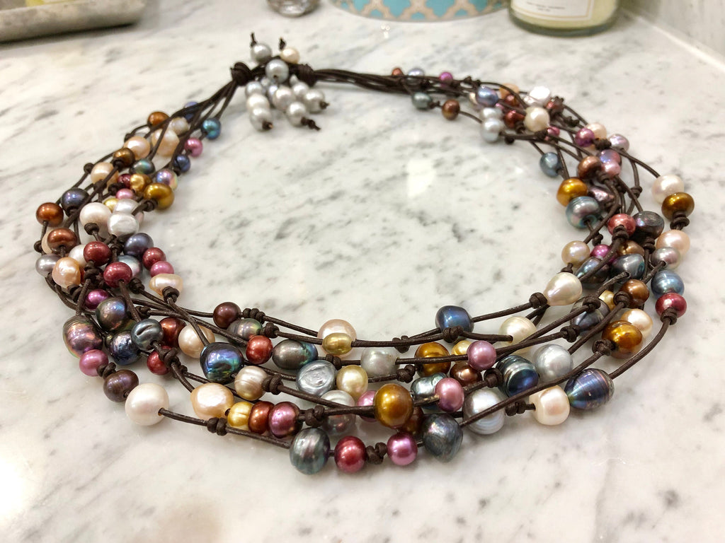 8 Strand Leather and Multicolored Freshwater Pearl Necklace