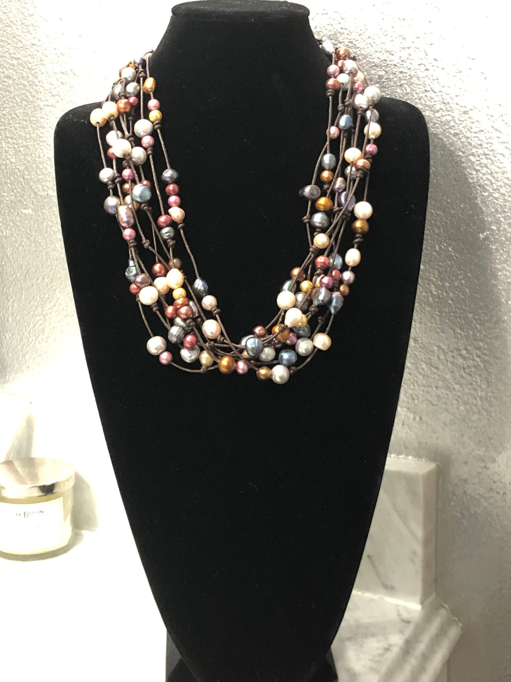 8 Strand Leather and Multicolored Freshwater Pearl Necklace