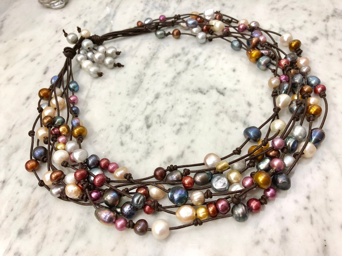 8 Strand Leather and Multicolored Freshwater Pearl Necklace