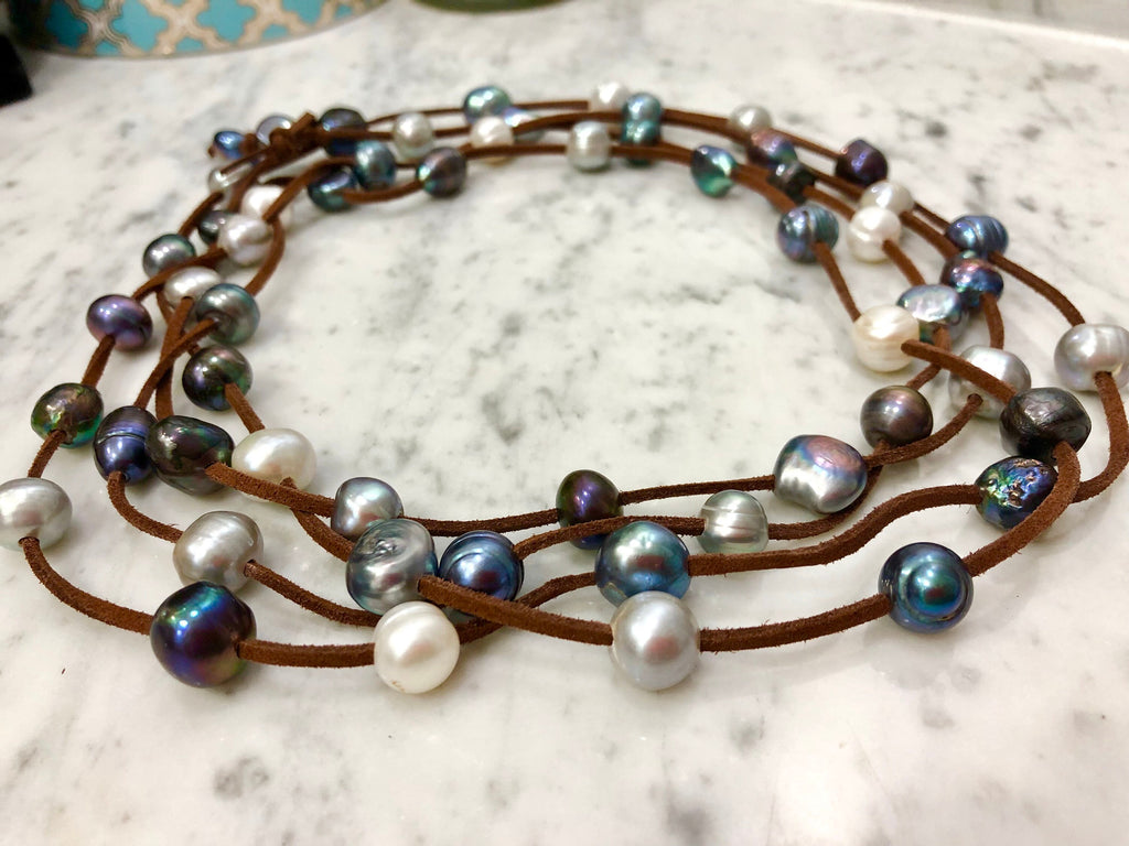 Extra Long Vegan Suede, Silver and Blue Peacock Pearl Necklace
