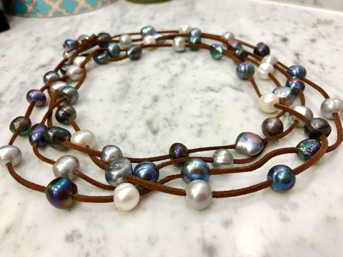 Extra Long Vegan Suede, Silver and Blue Peacock Pearl Necklace