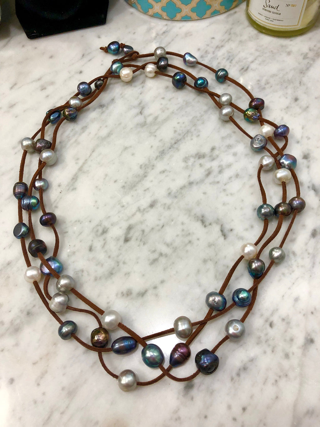 Extra Long Vegan Suede, Silver and Blue Peacock Pearl Necklace