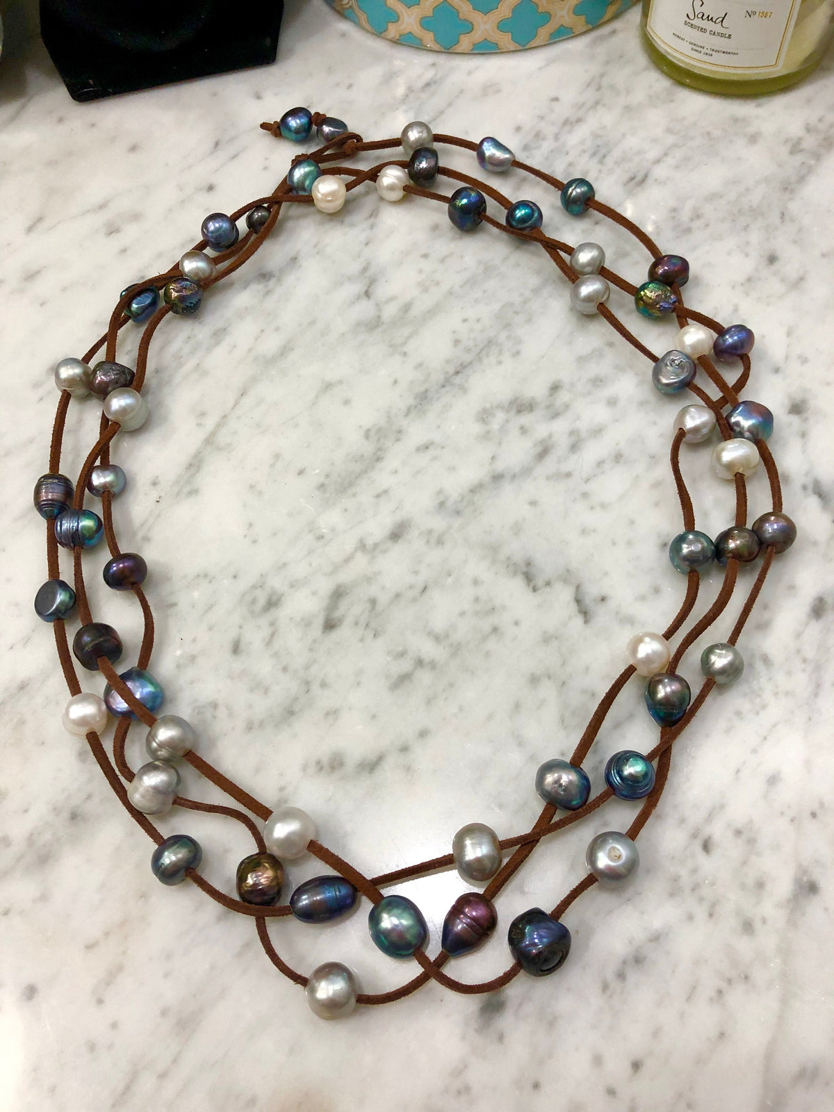 Extra Long Vegan Suede, Silver and Blue Peacock Pearl Necklace