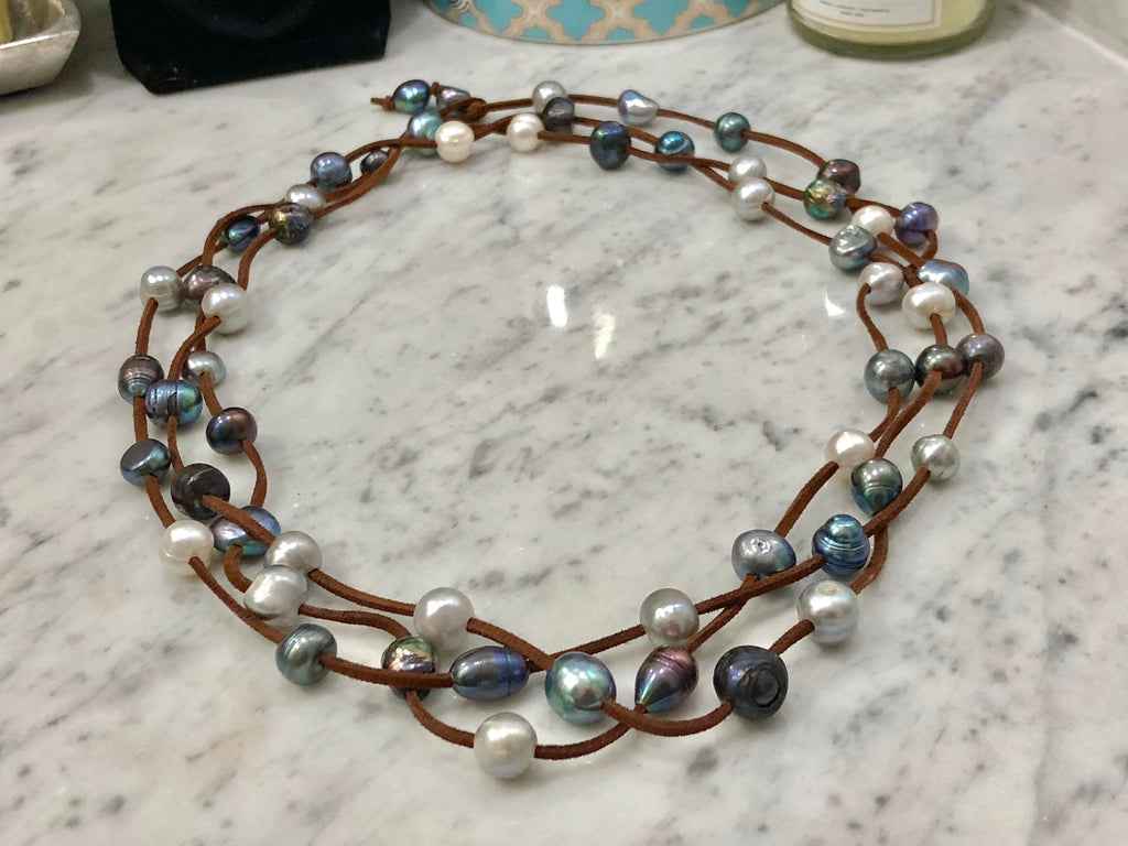 Extra Long Vegan Suede, Silver and Blue Peacock Pearl Necklace