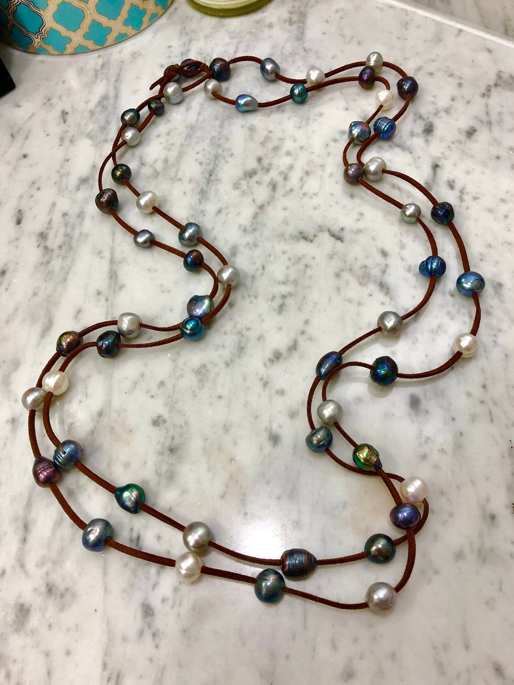 Extra Long Vegan Suede, Silver and Blue Peacock Pearl Necklace