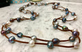 Extra Long Vegan Suede, Silver and Blue Peacock Pearl Necklace