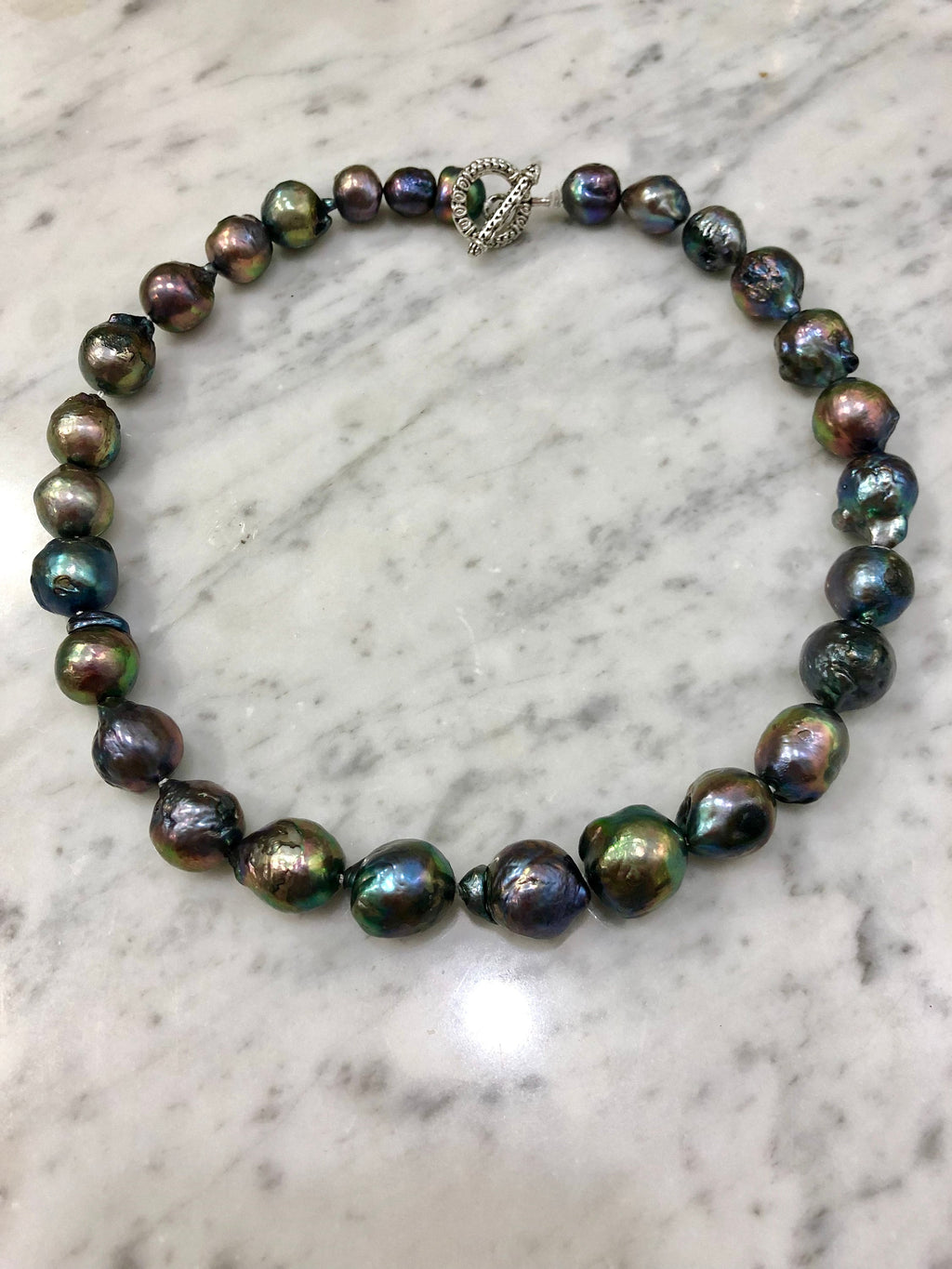 Iridescent Peacock Pearl Necklace: Blue-Green Fireball Pearl, 16”