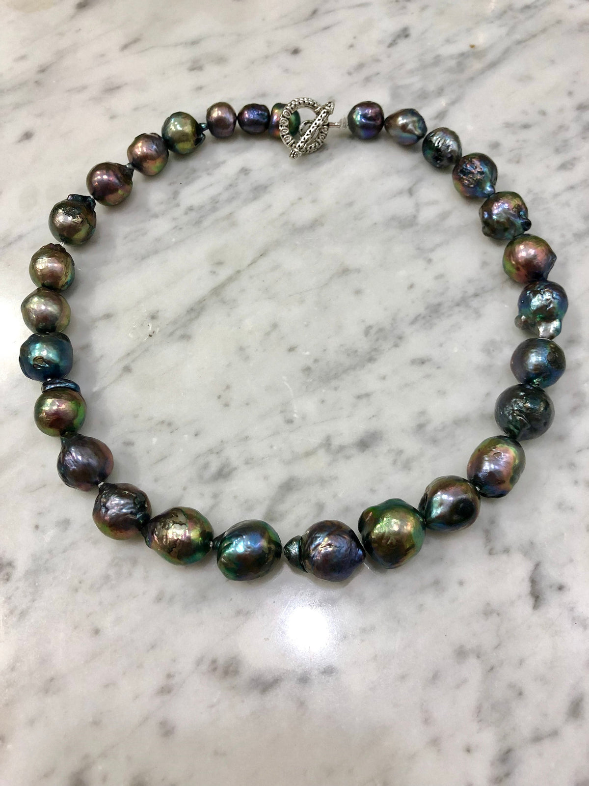 Iridescent Peacock Pearl Necklace: Blue-Green Fireball Pearl, 16”