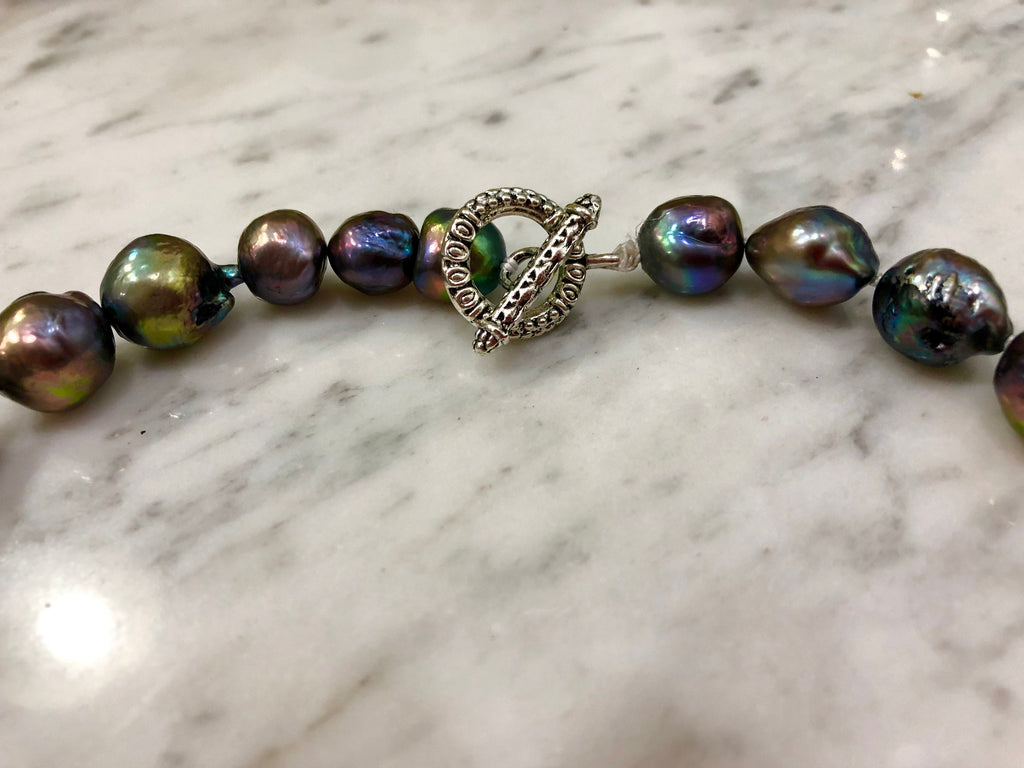 Iridescent Peacock Pearl Necklace: Blue-Green Fireball Pearl, 16”