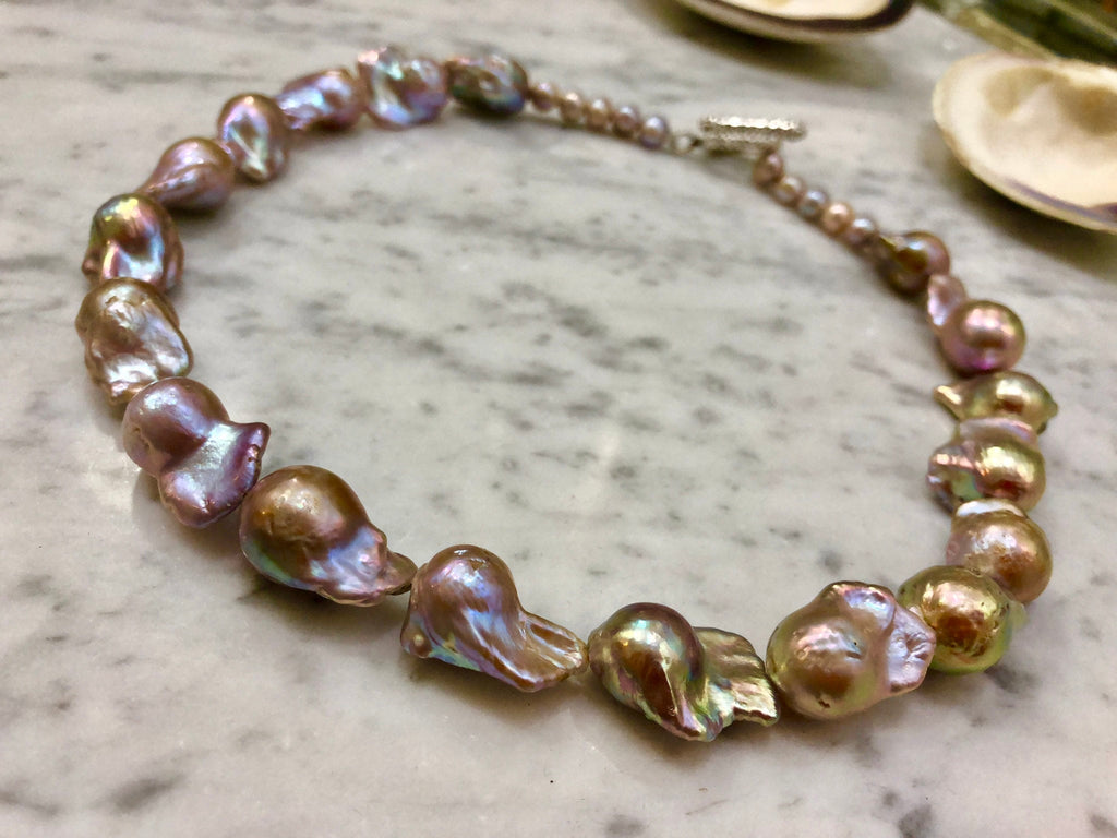 Iridescent Lavender and Gold Fireball Pearl Necklace with Silver Toggle Closure