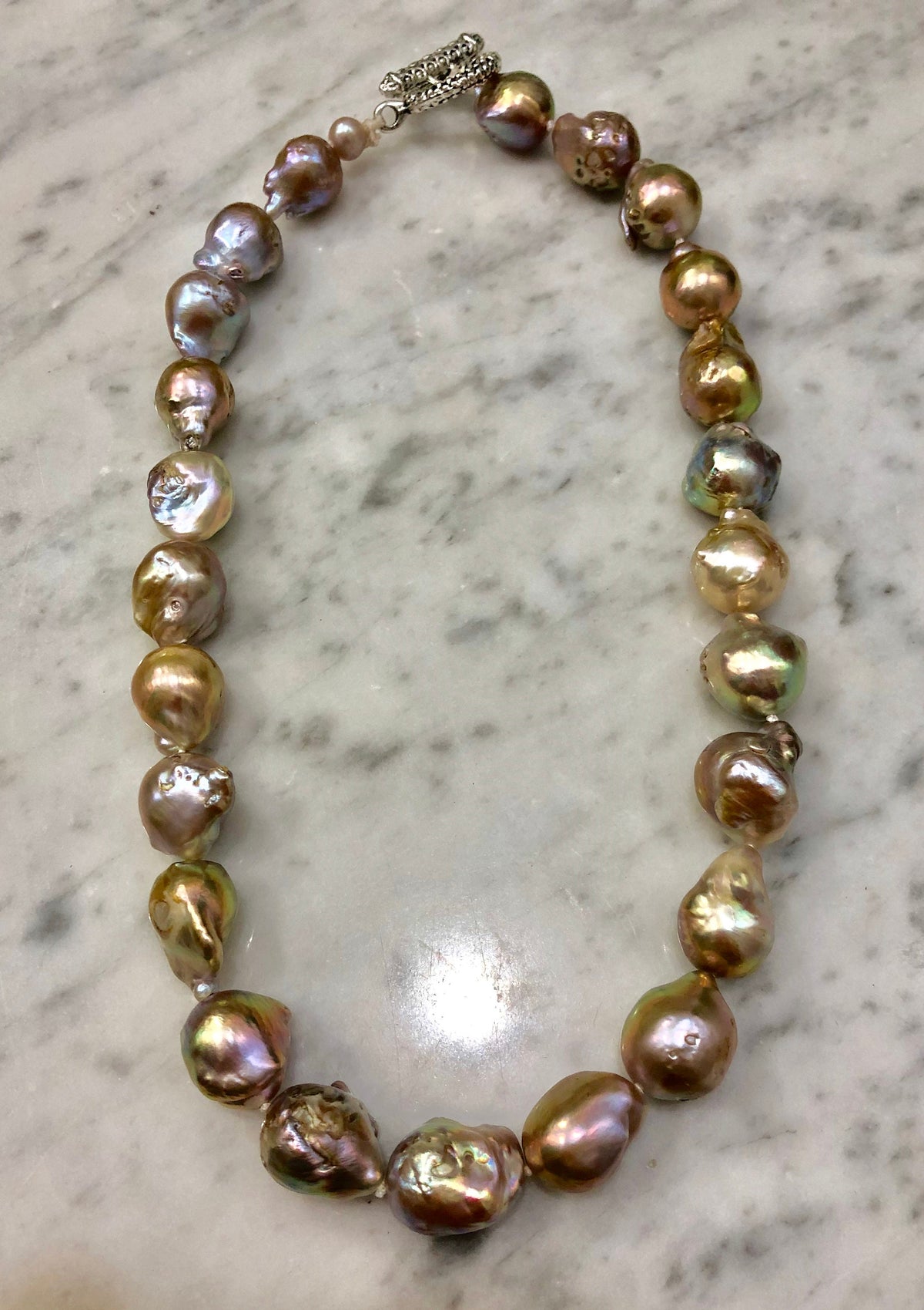 Iridescent Lavender and Gold Fireball Pearl Necklace with Silver Toggle Closure