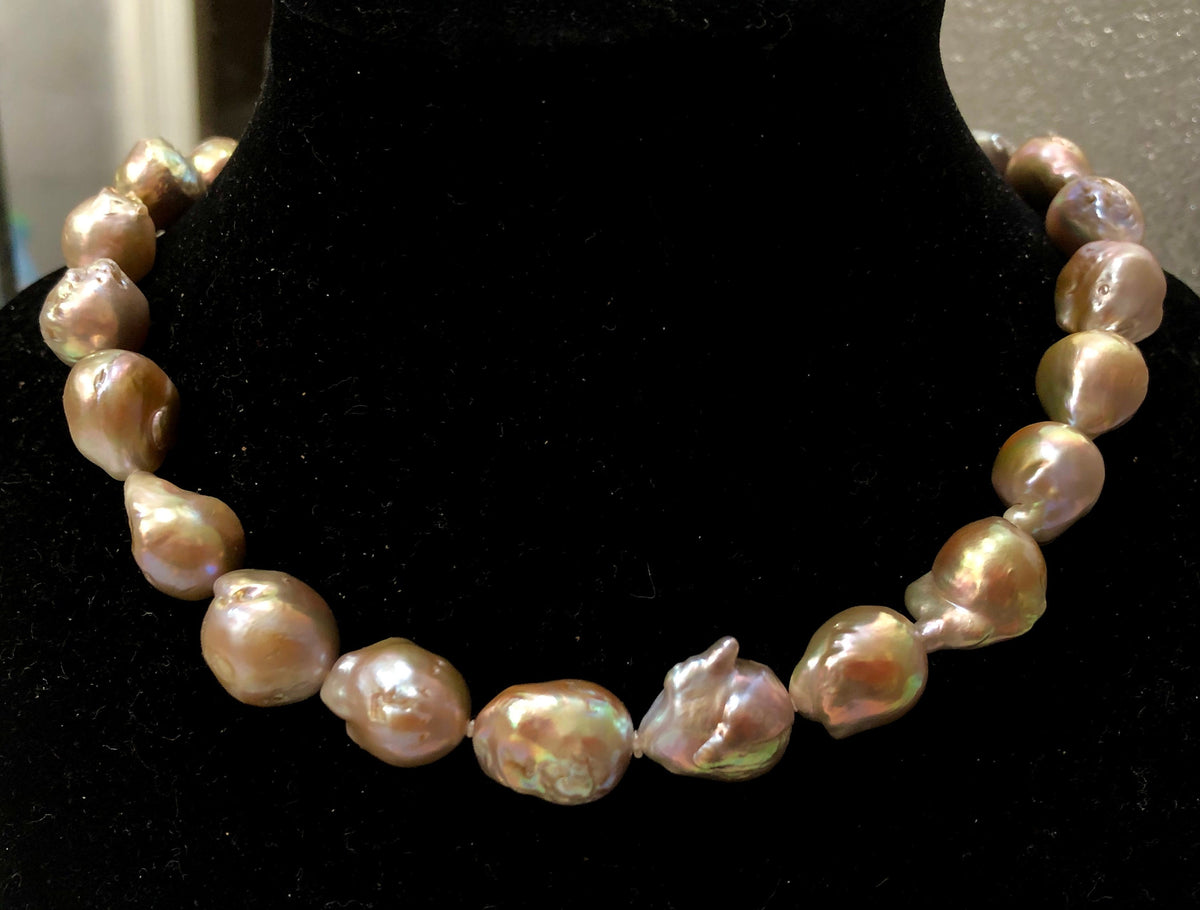 Iridescent Lavender and Gold Fireball Pearl Necklace with Silver Toggle Closure