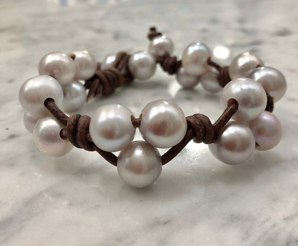 Silver Pearl and Leather Bracelet