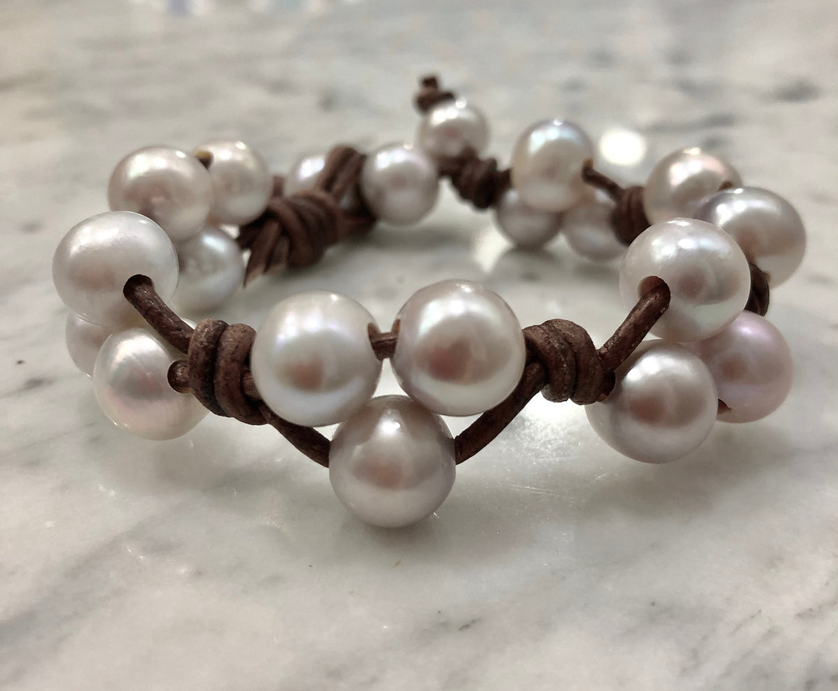 Silver Pearl and Leather Bracelet