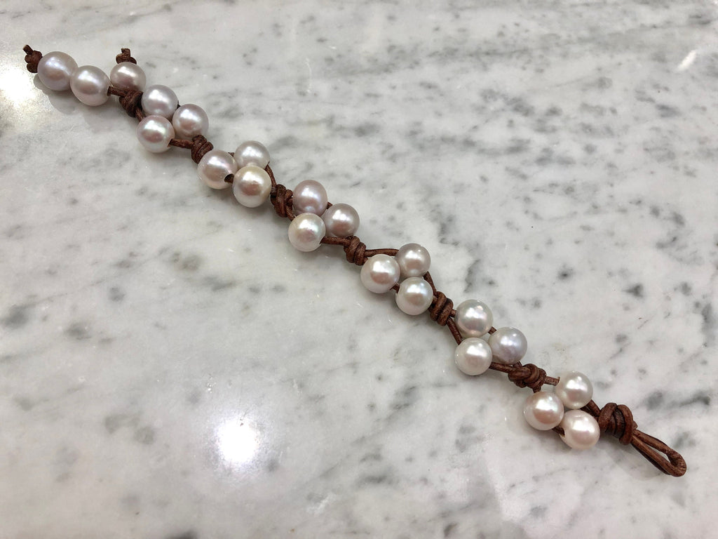 Silver Pearl and Leather Bracelet