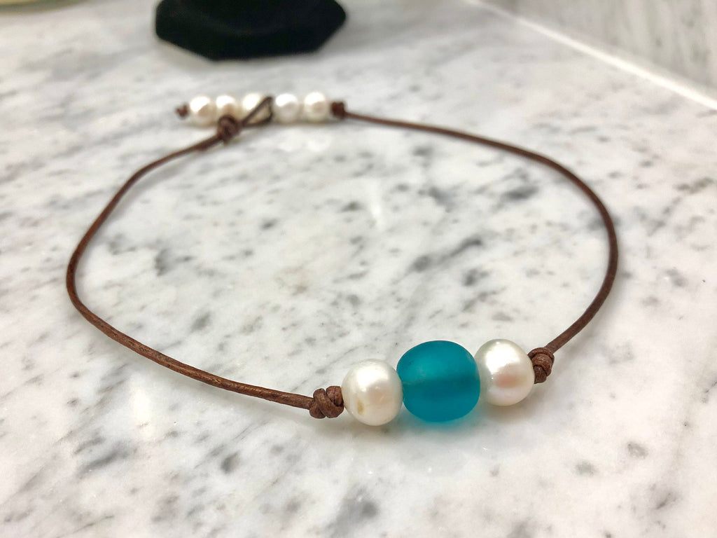 Aqua Seaglass with Freshwater White Pearls Strung on Brown Rolled Leather
