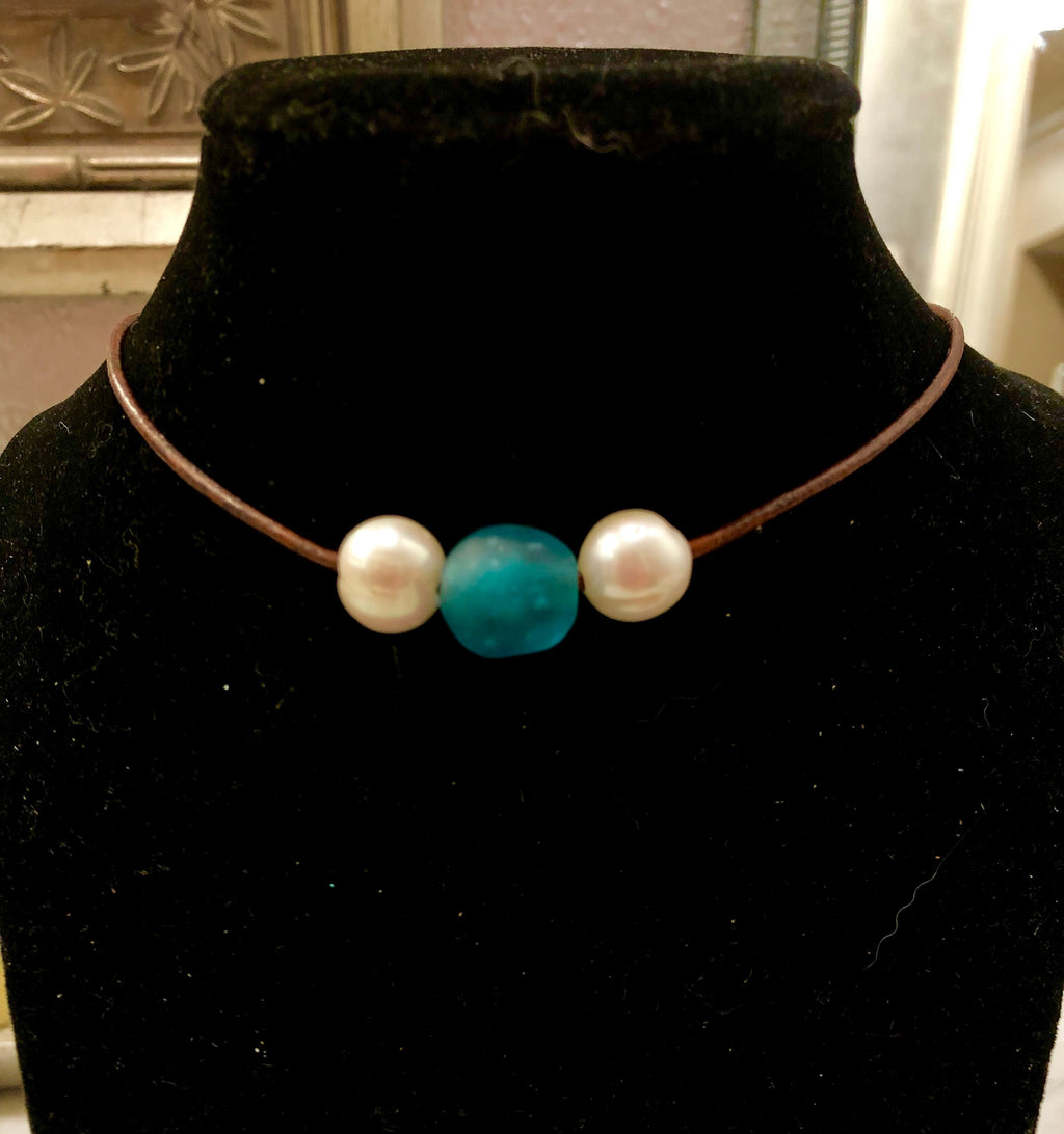 Aqua Seaglass with Freshwater White Pearls Strung on Brown Rolled Leather