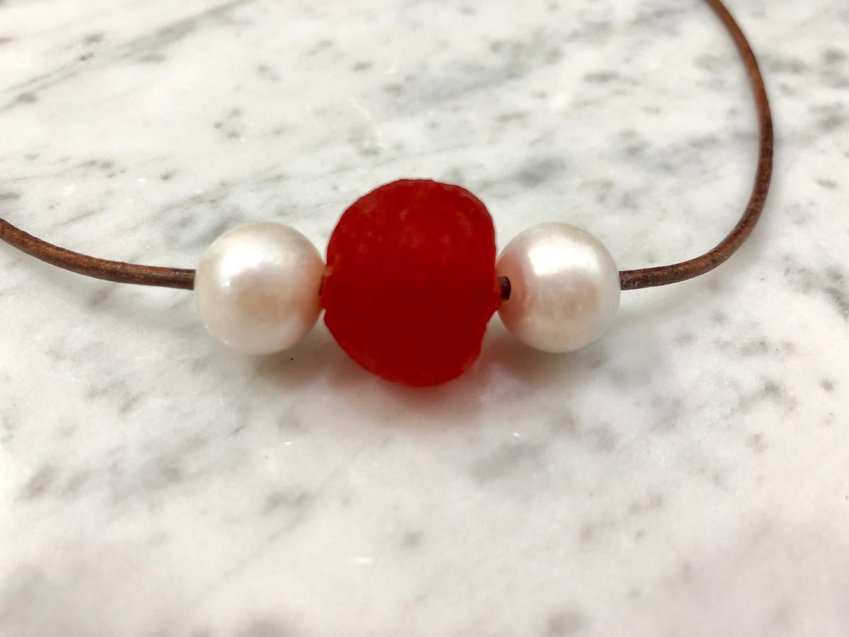 Red Seaglass and Pearl Necklace