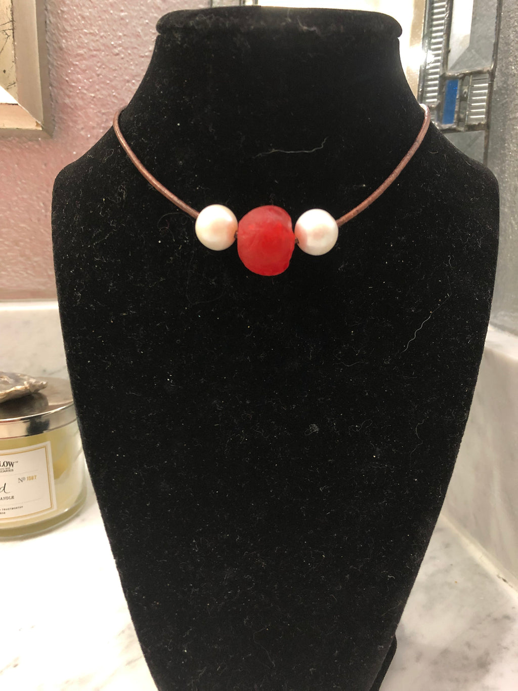 Red Seaglass and Pearl Necklace