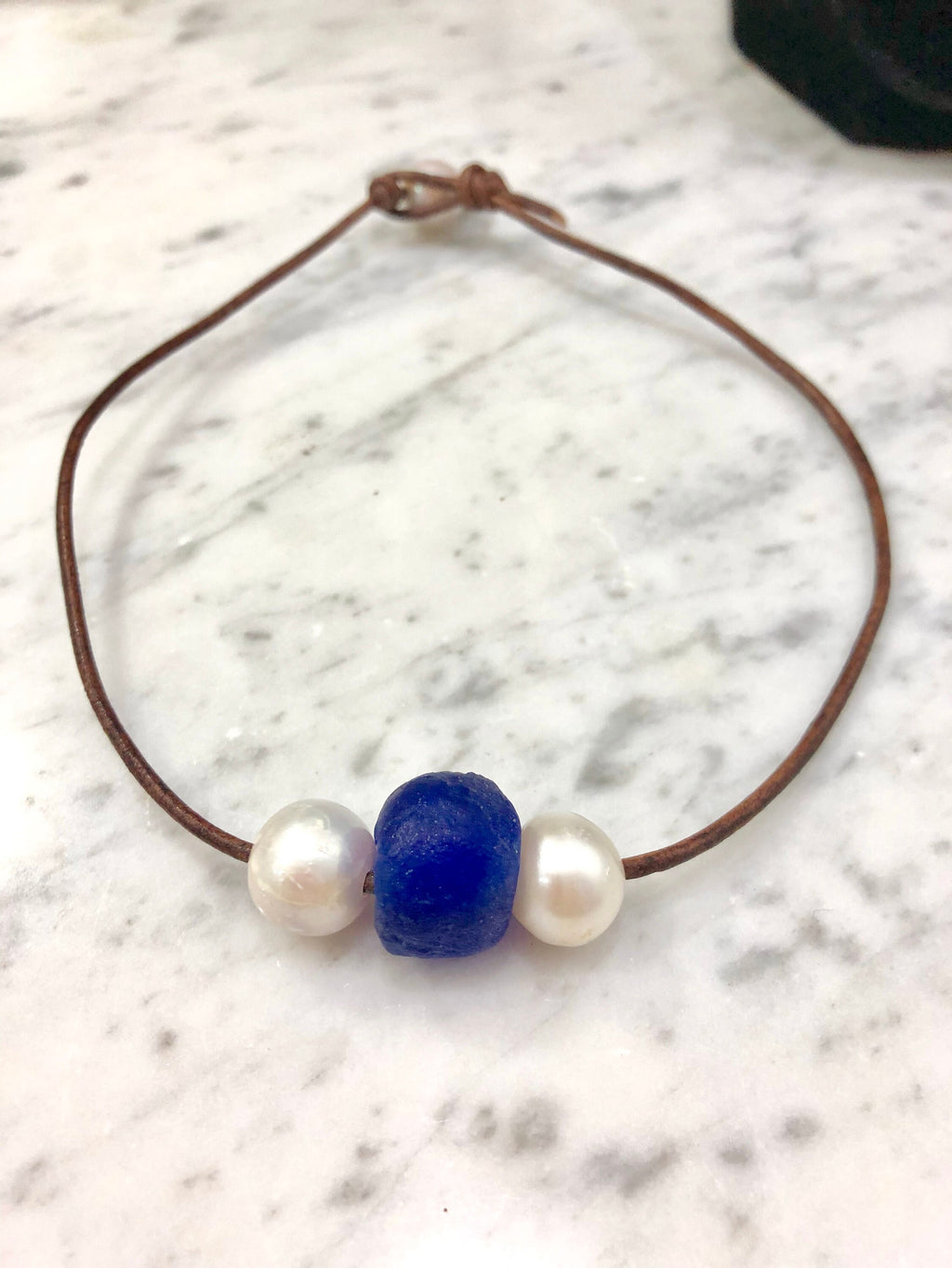 Cobalt Blue Seaglass and Pearl Necklace