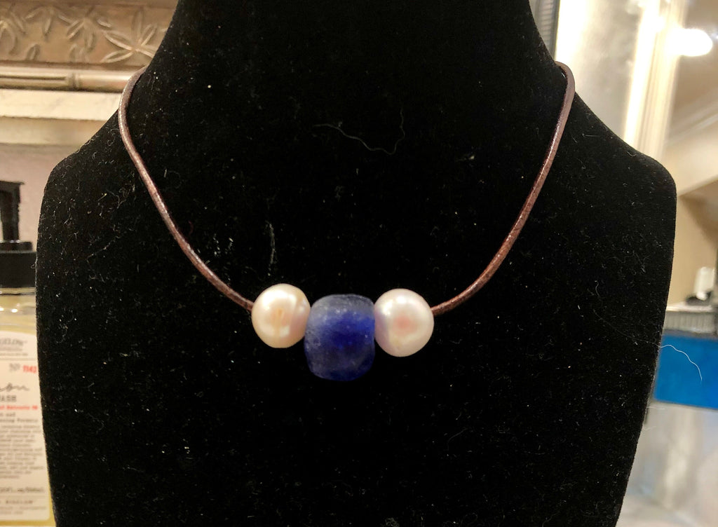 Cobalt Blue Seaglass and Pearl Necklace