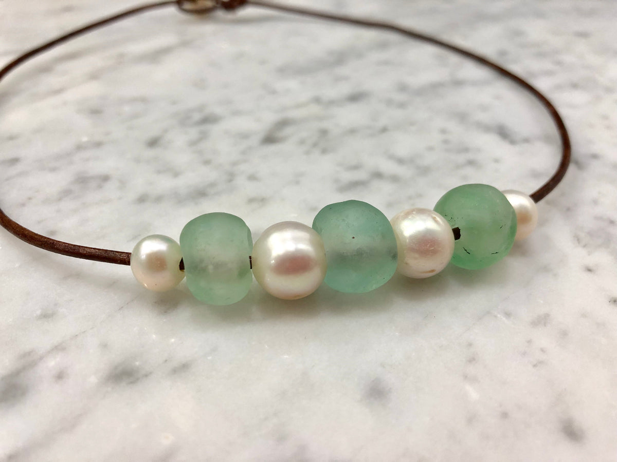 Sea Glass and Pearl Necklace: Leather Cord, Choice of Color