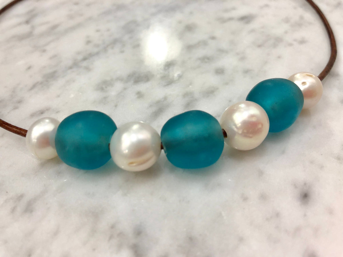 Sea Glass and Pearl Necklace: Leather Cord, Choice of Color