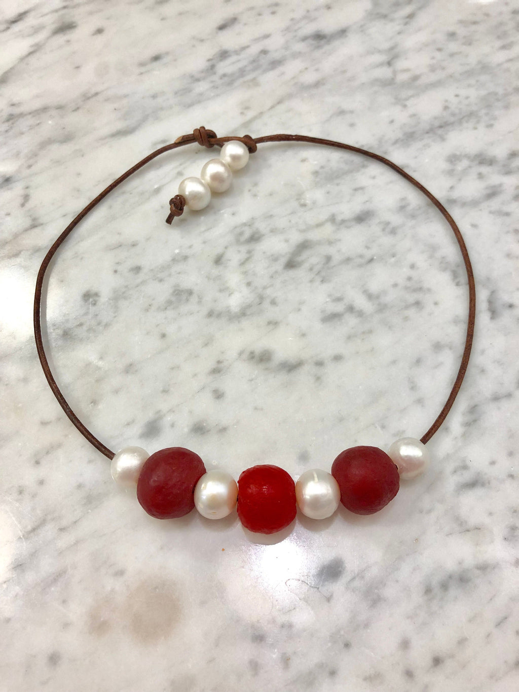 Sea Glass and Pearl Necklace: Leather Cord, Choice of Color