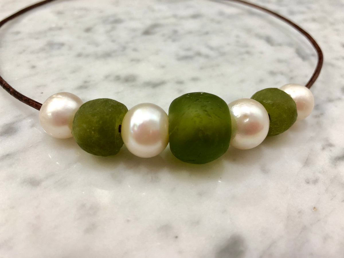 Sea Glass and Pearl Necklace: Leather Cord, Choice of Color