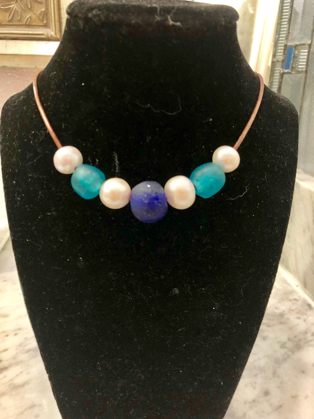 SALE-Aqua and Cobalt Blue Seaglass and Pearl Necklace