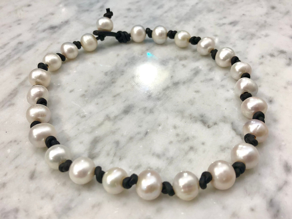 Handmade White Pearl Choker: Black Leather Adjustable Necklace