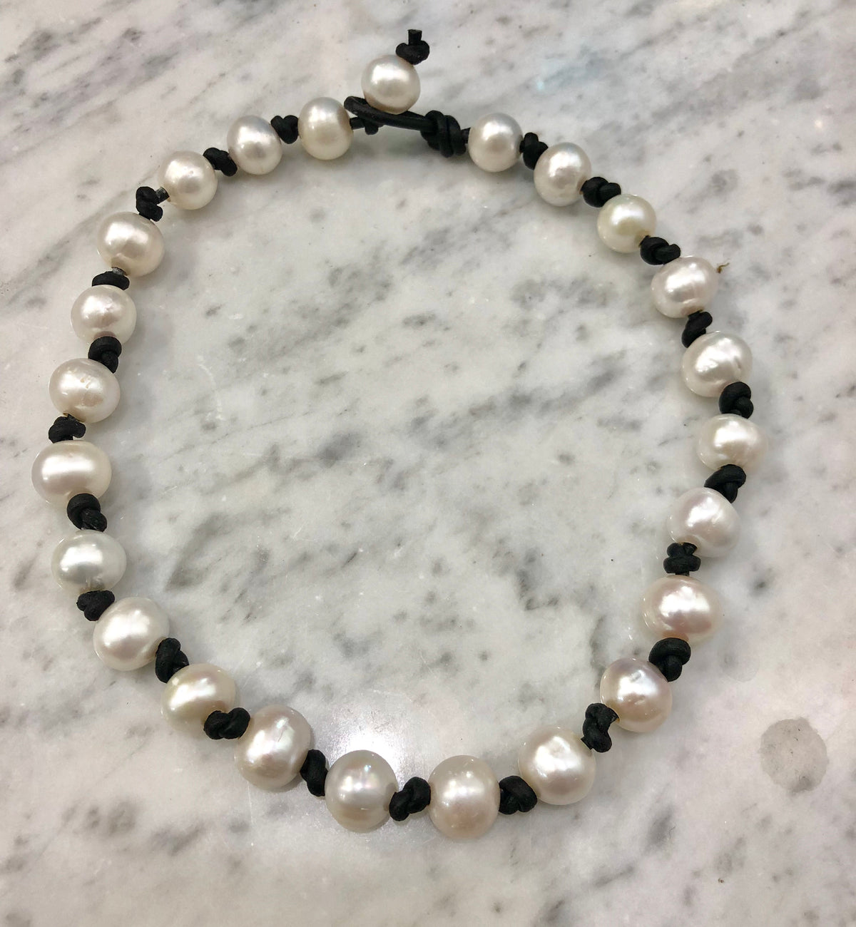 Handmade White Pearl Choker: Black Leather Adjustable Necklace