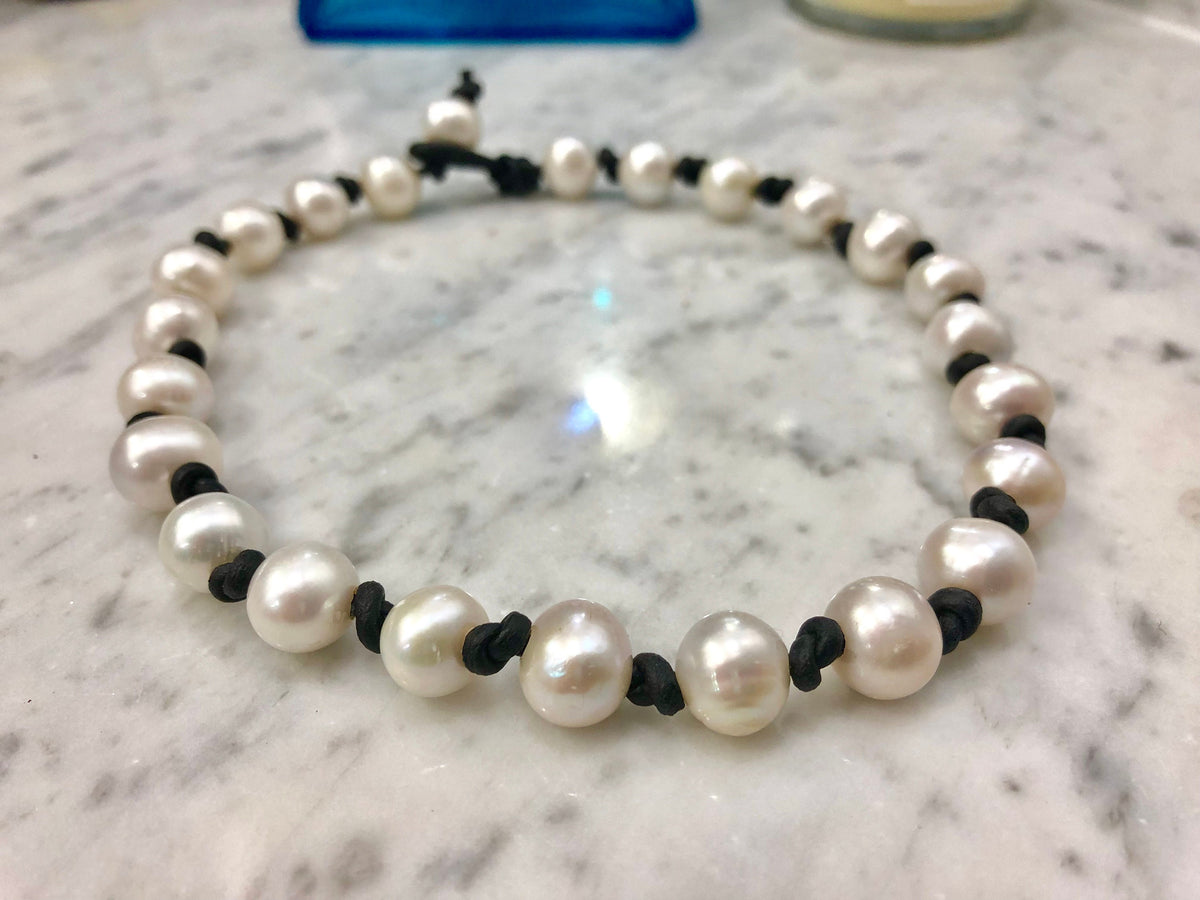 Handmade White Pearl Choker: Black Leather Adjustable Necklace