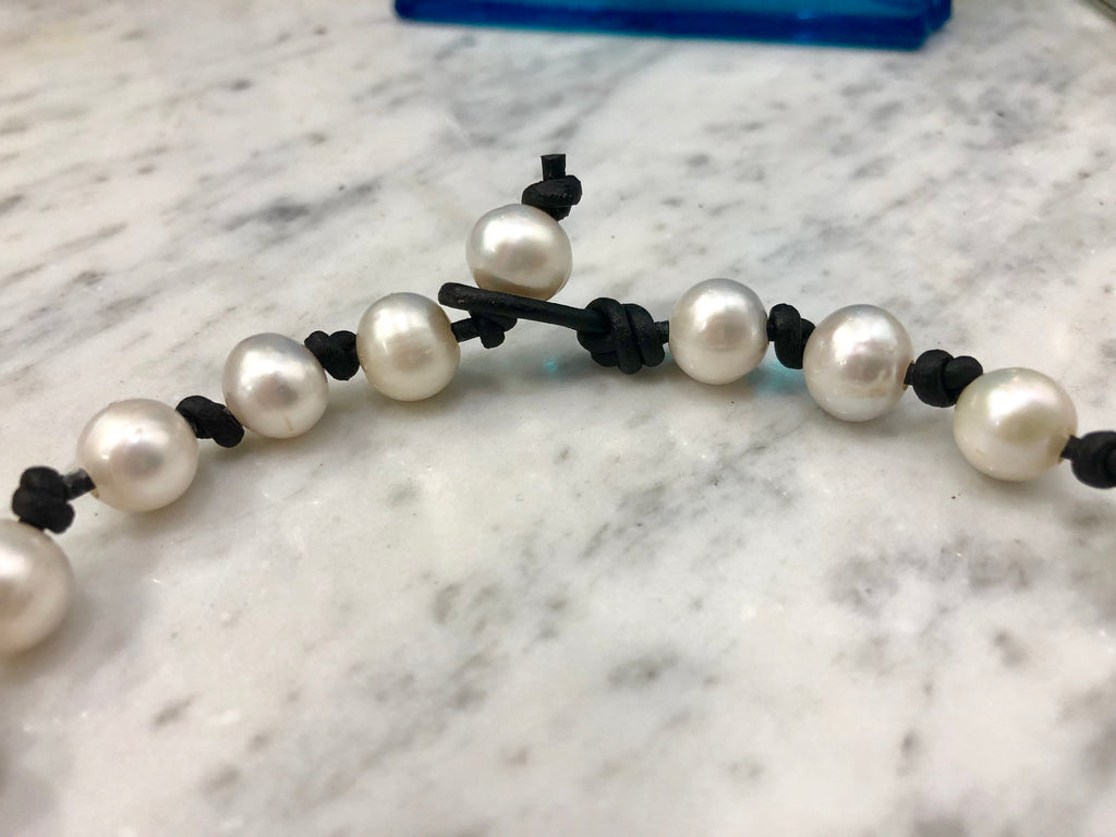 Handmade White Pearl Choker: Black Leather Adjustable Necklace