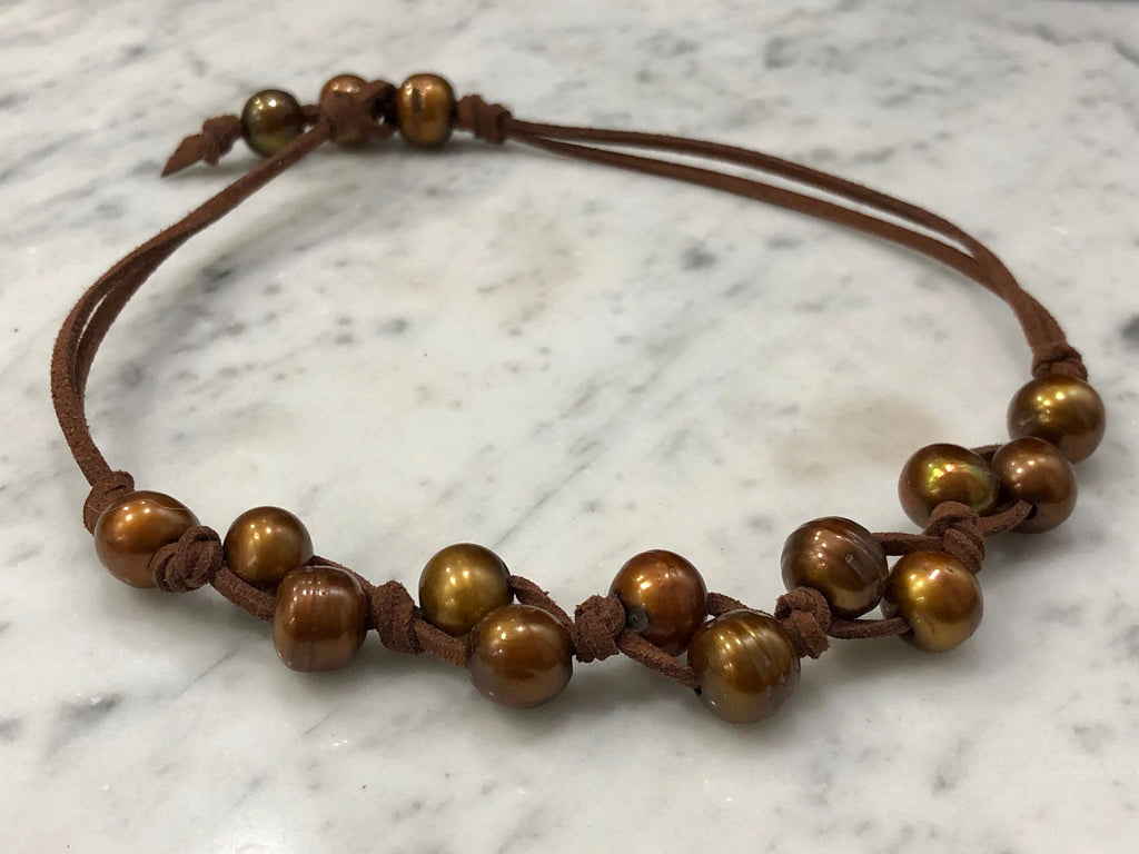 Brown Freshwater Pearls on Brown Suded Necklace