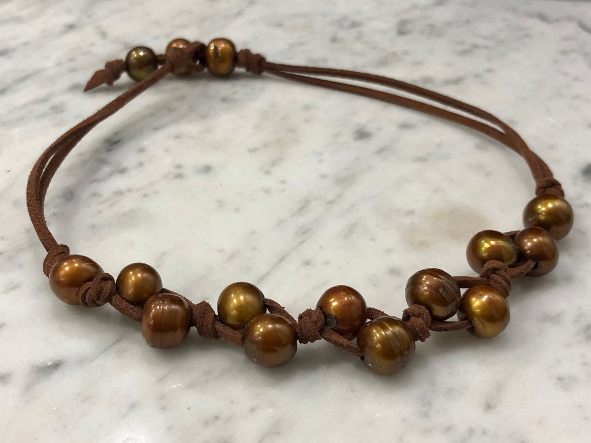 Brown Freshwater Pearls on Brown Suded Necklace
